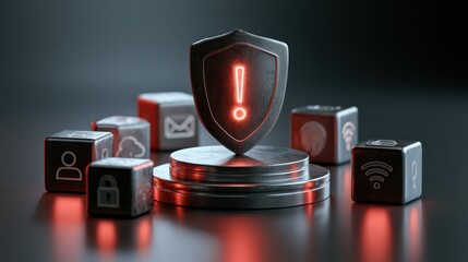 Naklejka premium A dark tech-themed image shows a shield with an exclamation mark surrounded by glowing security and digital icons on black cubes.