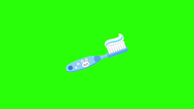 Children toothbrush animated shining toothpaste cute bunny icon in 4k green screen background