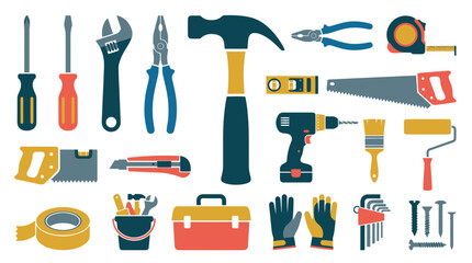Naklejka premium Flat Vector Construction and DIY Tools Icon Set for Home Improvement and Building Projects