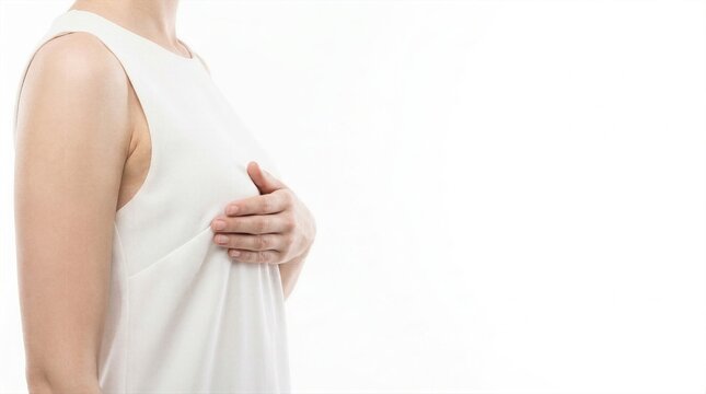 Anonymous woman holding her chest experiencing heartburn or performing breast health self examination