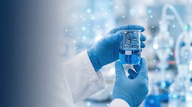 Laboratory assistant holding glass beaker with blue chemical solution for scientific experiment and analysis in chemistry lab
