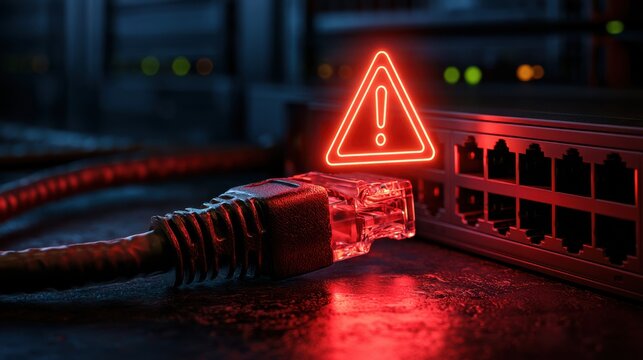 Ethernet cable unplugged from a router with a glowing red warning symbol indicating network or connectivity error.