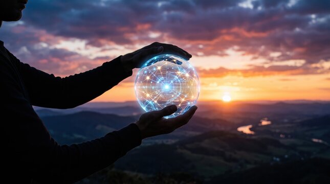 Silhouette of person holding futuristic holographic digital globe with network lines against dramatic sunset sky representing technology innovation and global connectivitys.