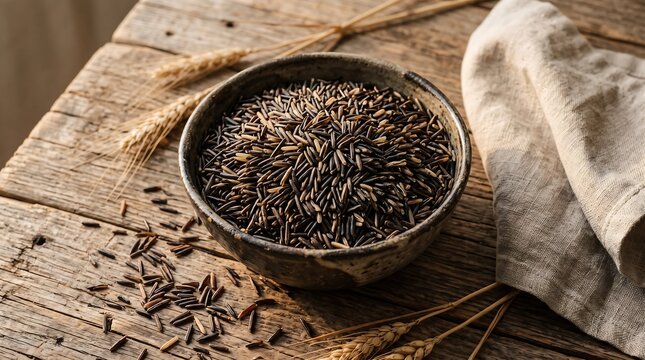 Ceramic bowl filled with raw wild rice on a rustic wooden table with wheat stalks