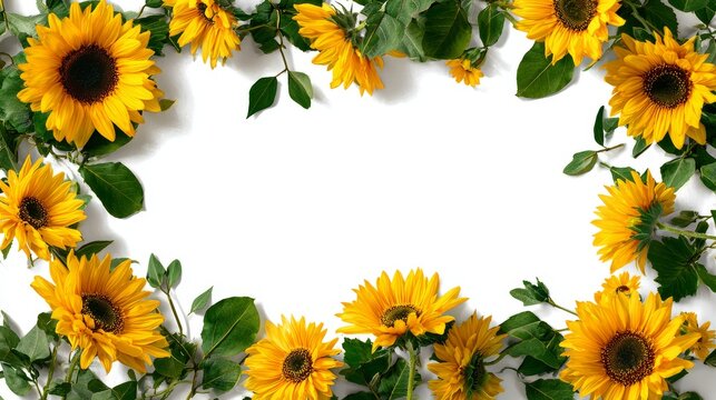 21.Sunflower frame vector illustration with blossoms surrounding edges, bright yellow petals and dark centers forming natural border, green leaves and stems interwoven, central area left open for