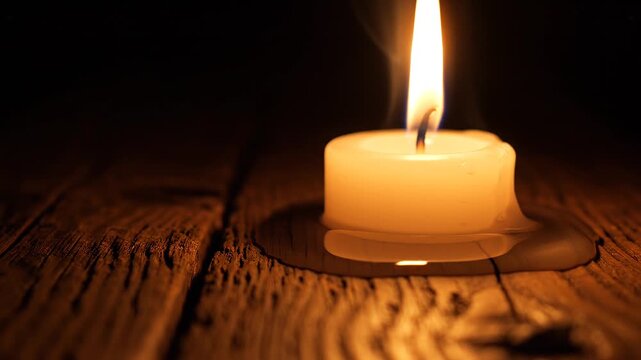 Single burning candle on rustic wooden surface in the dark