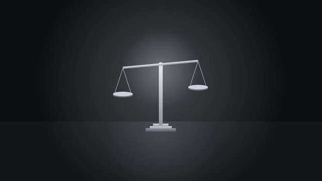 Looping 3d animation of silver scales in studio with reflections, justice and balance concept