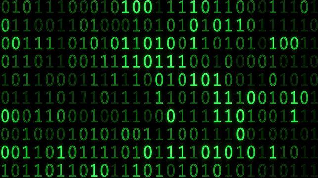 Glowing green binary code on black background creates digital technology backdrop for cybersecurity, programming, data processing, and futuristic computing concepts