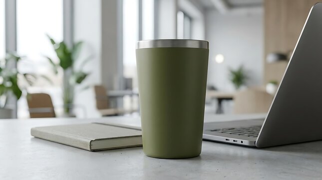 Olive green thermal tumbler cup on a modern office desk with laptop and notebook