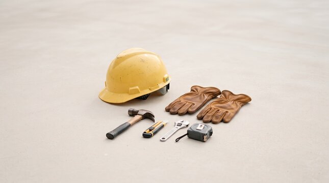 Construction tools and safety equipment arranged on a neutral background