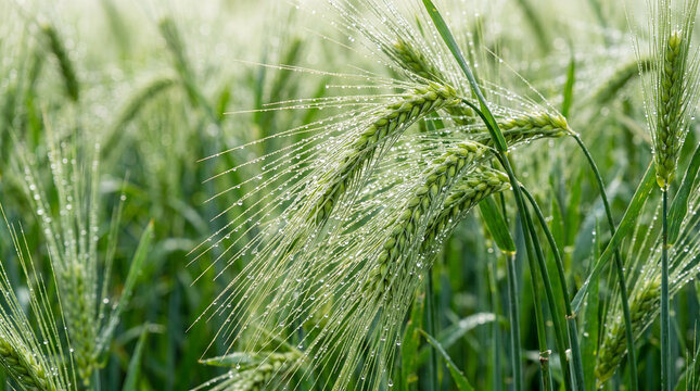 Natural Macro Wheat Ear Spikelet With Dew Drop Agricultural Nature