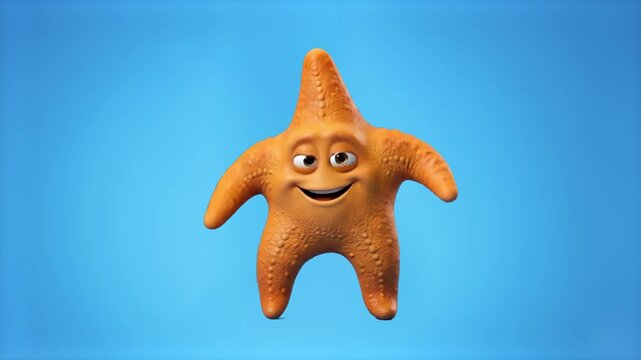 Cute 3D animated orange starfish character with a smiling face isolated over a light blue background. Ideal for ocean life promos, kids marine animation, summer vacation videos, aquarium ads, and vide