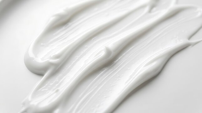 Close up macro shot of white cosmetic cream texture smeared on a smooth clean white background surface