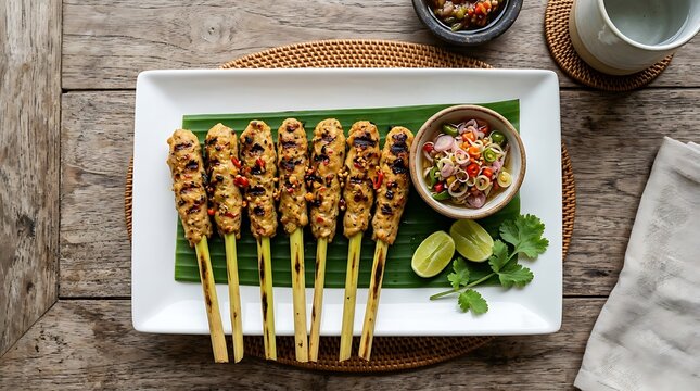 Traditional balinese minced meat satay lilit served with spicy sambal matah on a rustic wooden table