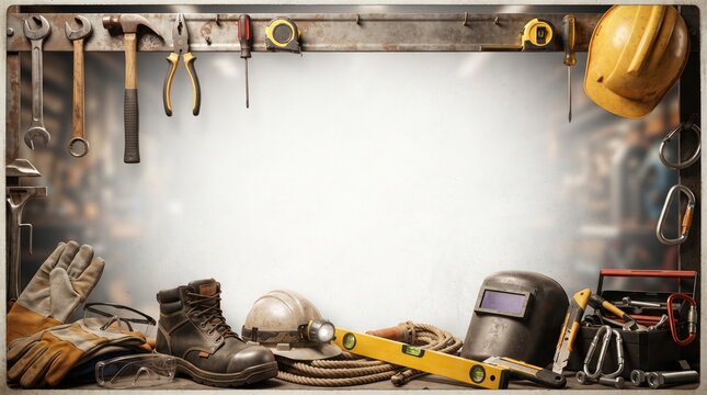 Construction site tools and safety gear forming a border around a blank space