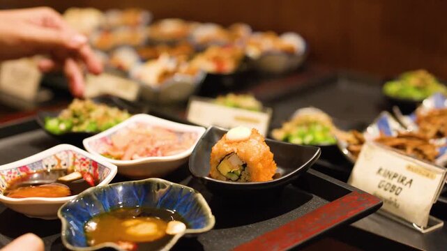 Hand Selecting Small Plates from Japanese Buffet in Bangkok