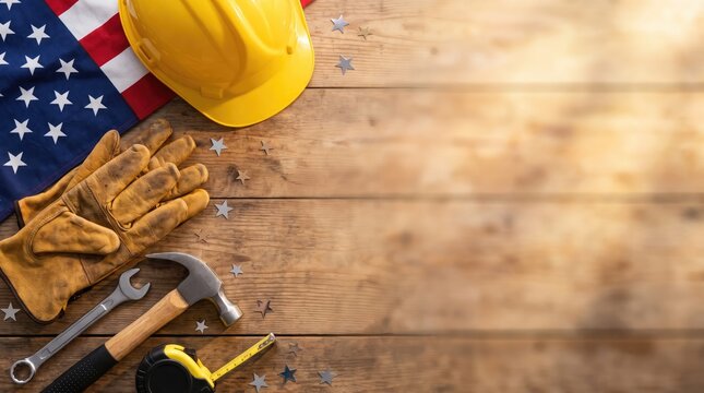 Construction tools and hard hat on a wooden surface with an american flag background