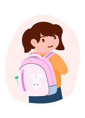 Little girl carrying backpack, back to school. Simple flat illustration.