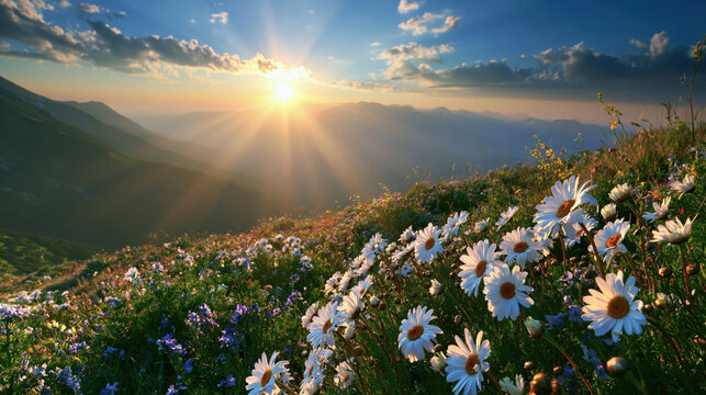 Hopeful radiant mountain meadow with white daisy wildflower beneath glowing sunrise and open sky, creating uplifting scenic landscape with peaceful natural beauty
