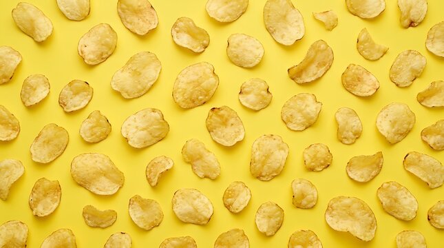 Top view of many crispy potato chips arranged in a pattern on a bright yellow background surface