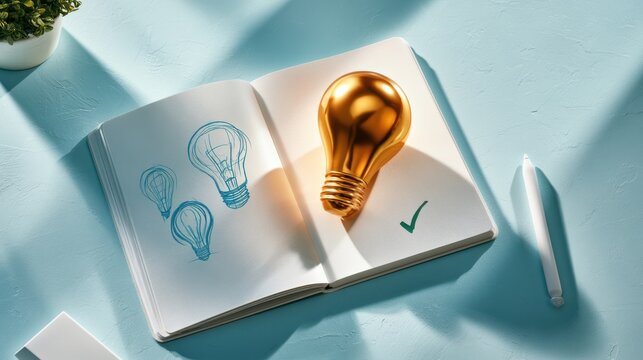 A golden light bulb sits on an open notebook with sketches of light bulbs and a check mark, symbolizing creativity and bright ideas.