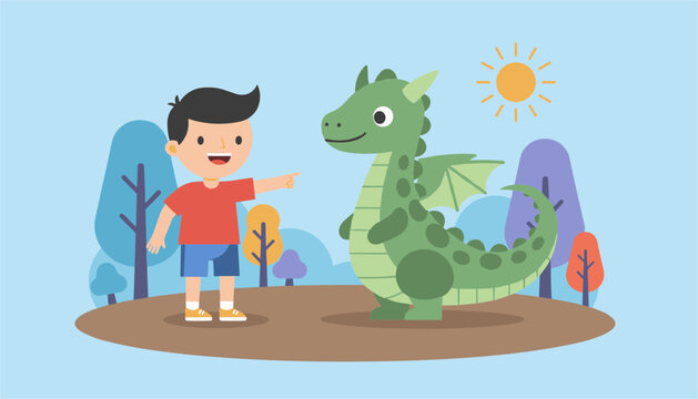 Young boy in a red shirt pointing at a cute friendly green dragon in a magical forest under a warm sun in flat design.