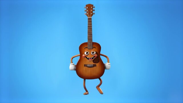 A lively 3D illustration of an acoustic wooden guitar transformed into a friendly cartoon character, dancing with arms on hips and a smiling face, isolated against a solid blue backdrop. Ideal for mus