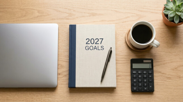 Flat lay of a 2027 Goals notebook with a laptop and calculator on a wooden desk representing new year financial planning, corporate business strategy, and organized office workspace.