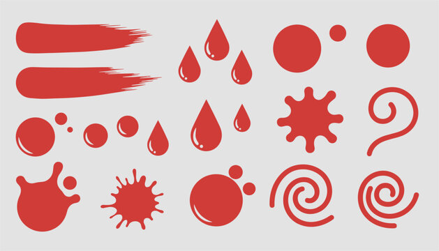 Collection of red paint elements including brush strokes, drops, splashes, and swirls on a light grey background.