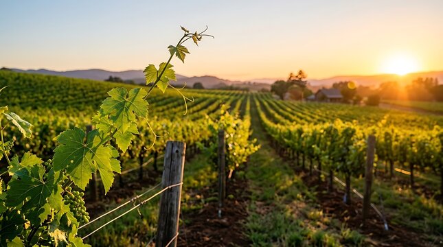 Beautiful vineyard rows at sunset with golden light illuminating the lush green grape vines in summer