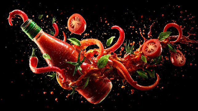 97.Tomato sauce bottle erupting with flying vegetables, chili curls, tomato slices and splashes suspended midair, deep black background, illuminated edge lighting, ultra detailed textures, energetic