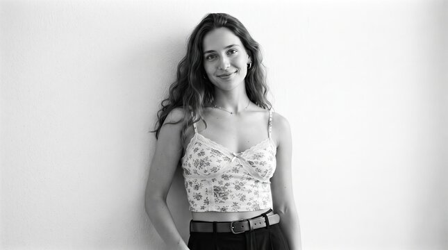 Portrait of a beautiful young woman with long curly hair posing against a plain white wall background