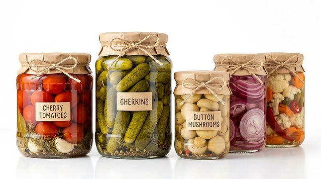 A collection of glass jars filled with various pickled vegetables and preserved food on white background