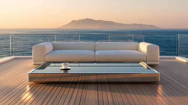 Outdoor sofa ocean island teak deck glass table coastal view