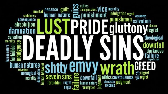 Seven Deadly Sins Word Cloud Concept Illustration Featuring Lust Pride Gluttony Envy Wrath and Greed