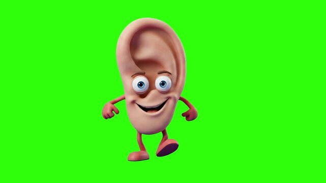 Playful 3D cartoon human ear character with big eyes, smiling face, and limbs dancing energetically against a bright green screen keying backdrop. Ideal for hearing healthcare promos, otolaryngology v