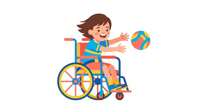 Flat Vector Cartoon of Happy Child in Wheelchair Playing with Ball