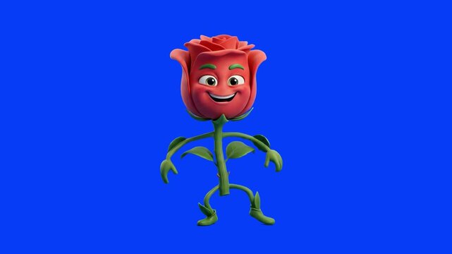 Adorable red rose flower 3D cartoon character with green stem limbs, big eyes, and a friendly smile standing against a solid blue screen backdrop. Suitable for Valentine's Day promos, romantic animati