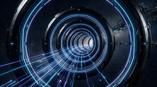 Futuristic sci-fi circular space station tunnel with glowing light beams and starfield background
