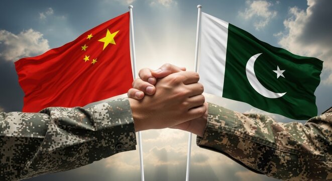 Hands holding chinese and pakistani flags together illustration