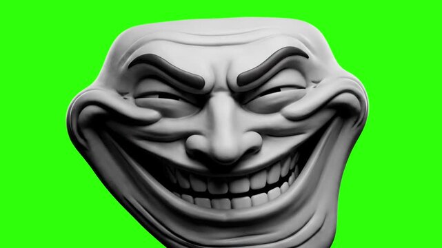 Detailed 3D close-up of the mischievous Trollface meme character with a wide grinning smirk on a bright green screen keying backdrop. Great for video editing keying, viral trolling clips, internet mem