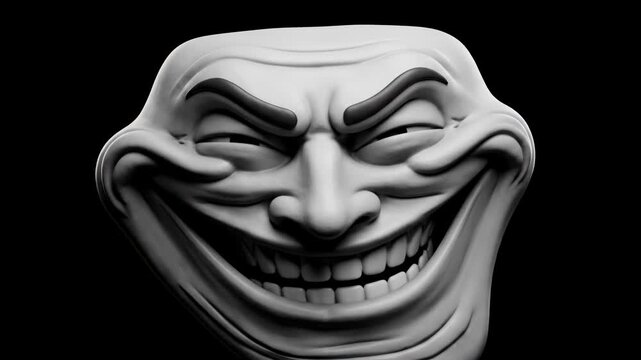 Extreme close-up 3D render of the iconic Trollface meme character with a sly grinning expression isolated on a solid dark backdrop. Ideal for viral internet comedy videos, trolling memes, social media