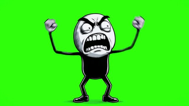 A dramatic 3D render of an enraged rage comic character screaming with clenched fists raised high in anger, isolated on a bright chroma key green background. Perfect for gaming rage clips, reaction me