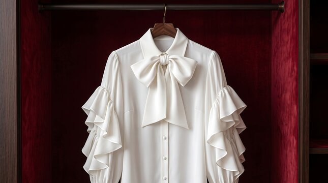 Elegant white blouse with bow tie and ruffled sleeves hanging in a luxury wardrobe closet.