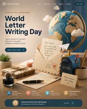 World Letter Writing Day poster with globe, letters, and mail box, promoting connection and sharing thoughts