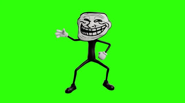 A classic 3D rendered Trollface stickman character standing in a funny dancing pose with an iconic mischievous grin, waving its hand, isolated on a solid green chroma key background. Perfect for troll