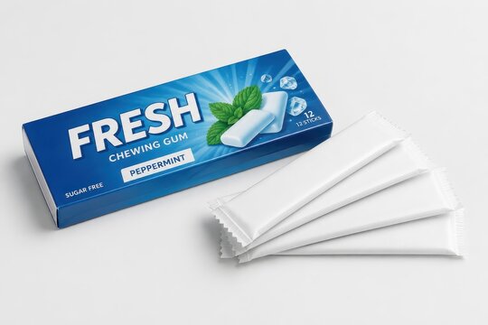Fresh peppermint chewing gum pack and pieces, isolated on white background