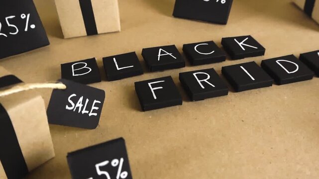 Special Black Friday shopping event advertising with handcrafted gift boxes and discount tags on a craft paper background, promoting seasonal sales and special offers for customers