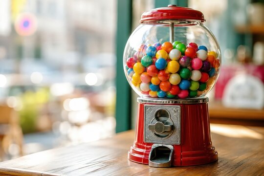 Vintage gumball machine filled with colorful candies, placed on a wooden table indoors