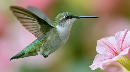 Naklejka premium Macro photograph of hummingbird hovering beside pink flower, colorful wing motion and delicate plumage creating graceful natural scene with soft background bokeh and vivid detail